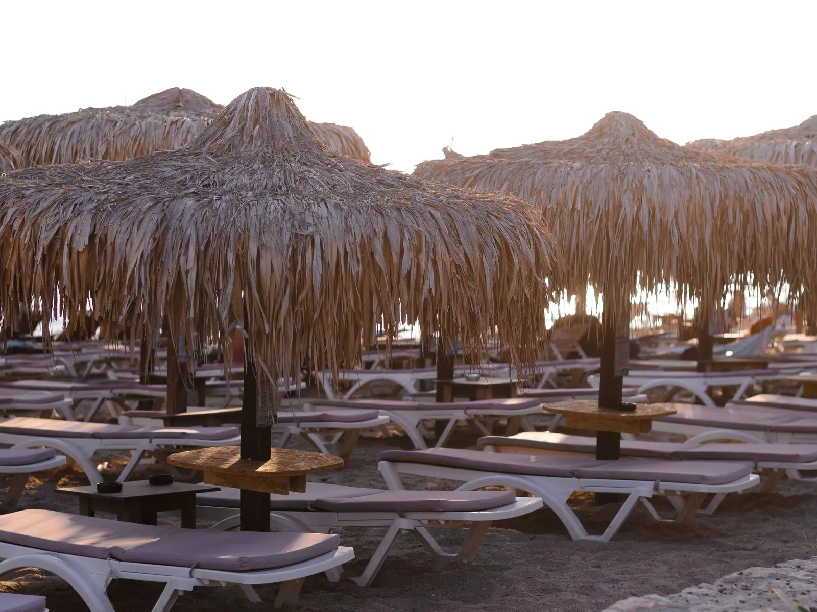 Straw umbrellas and loungers on a beach at golden hour